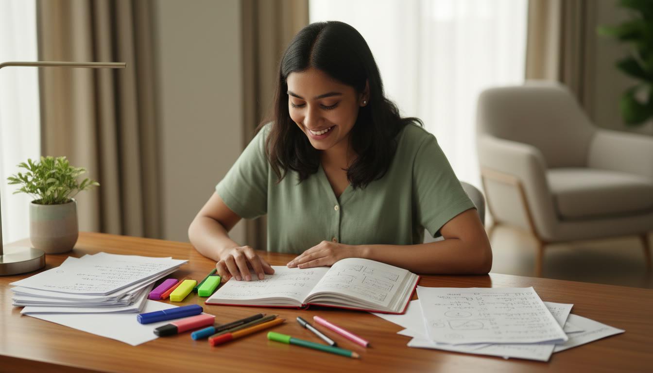 Photo Idea : A student reviewing an error log notebook with solved mock papers spread on a desk