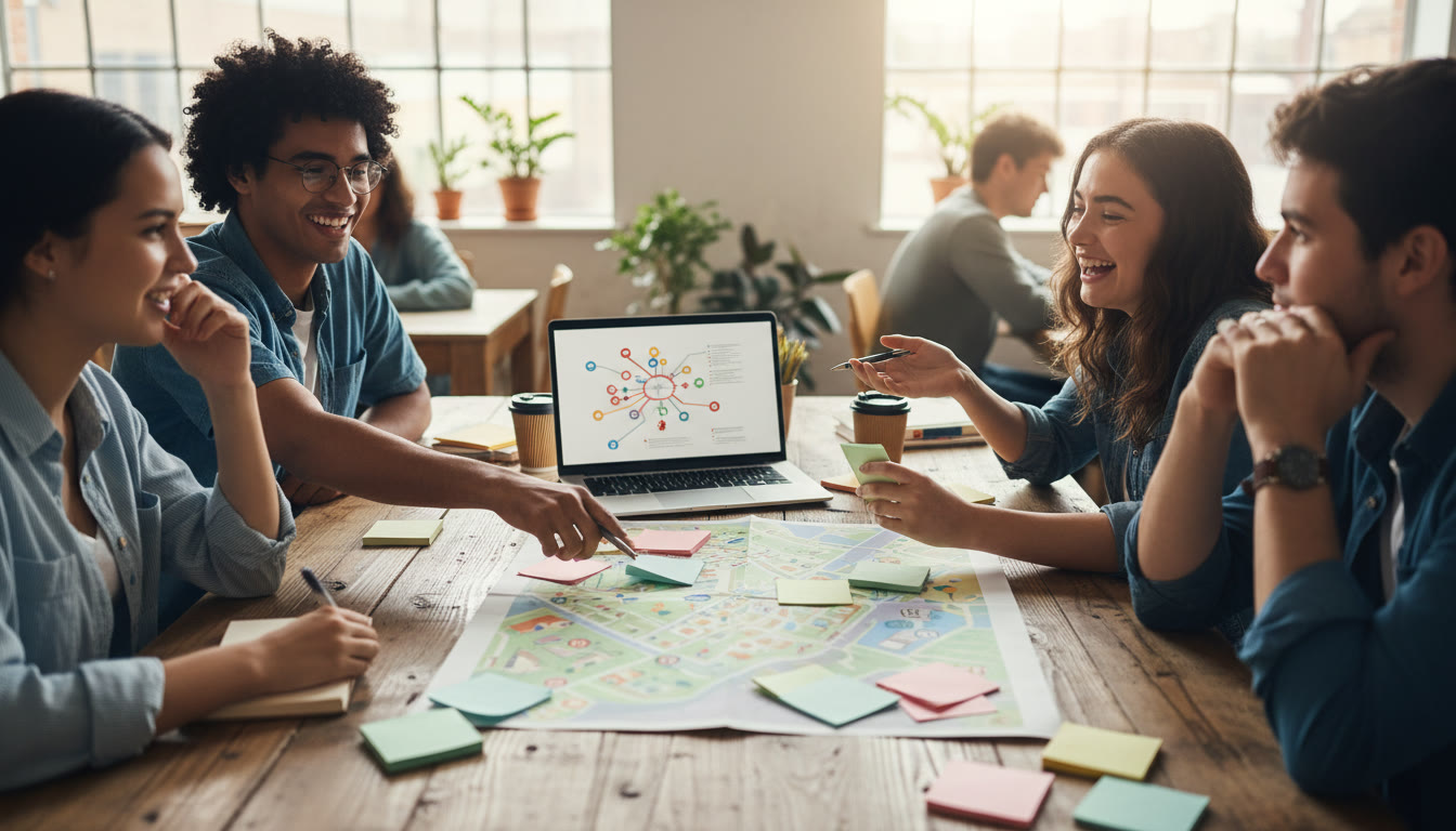 Photo Idea : A small team of students gathered around a table with sticky notes, a laptop, and a community map, planning a CAS project.
