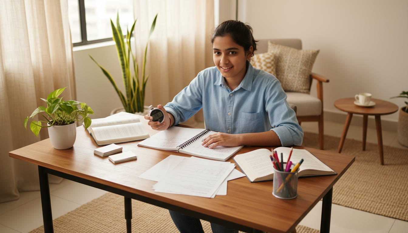 Photo Idea : A focused student at a tidy desk, practicing with a stopwatch and open notebooks, visualizing an exam simulation
