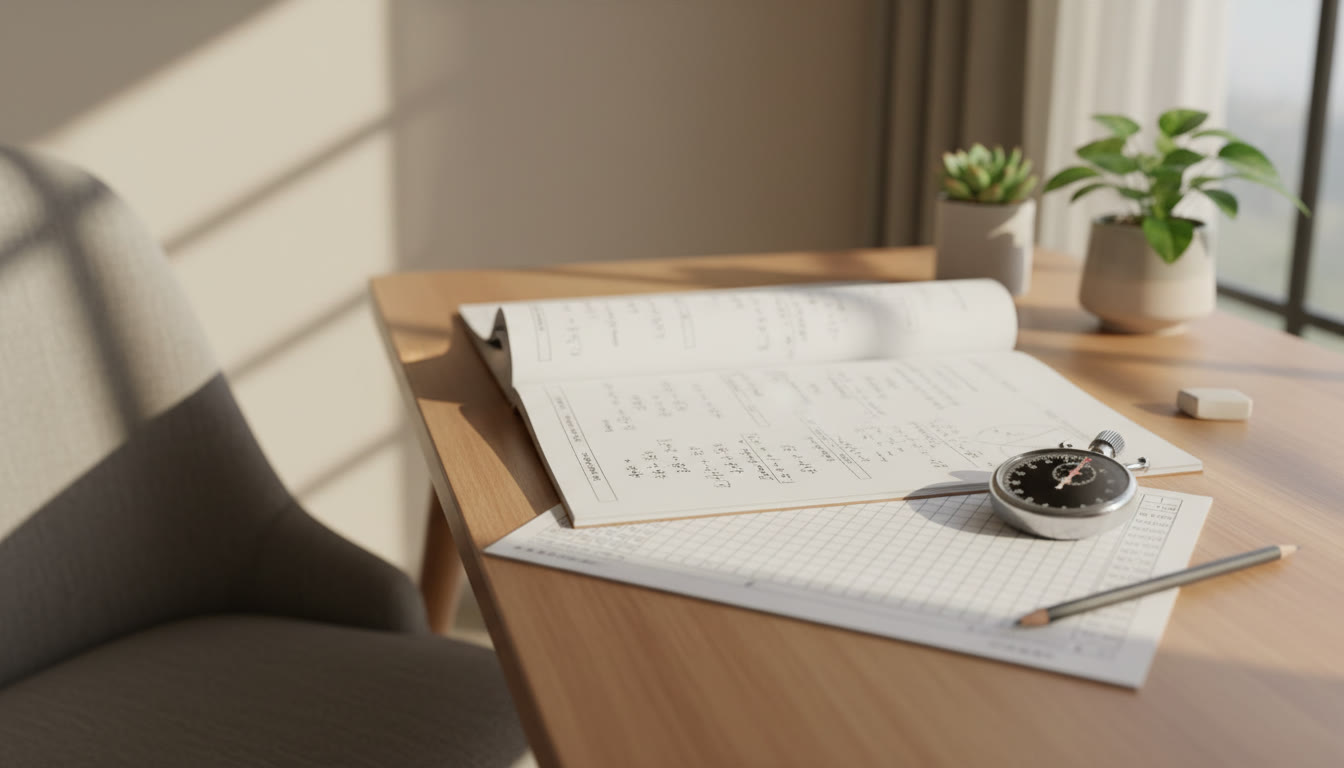 Photo Idea : A study spread showing a timed mock test in progress with a stopwatch, answer sheet, and solved numerical steps visible.