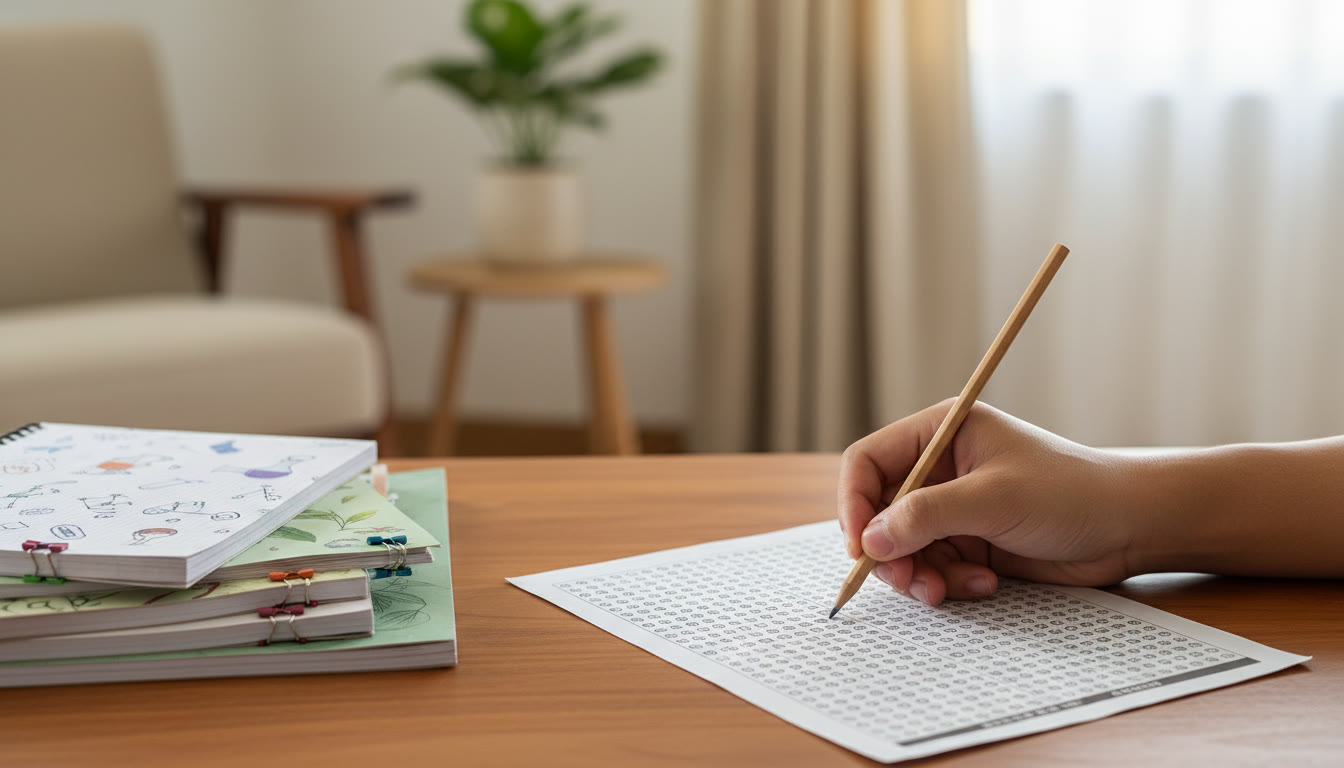 Photo Idea : Close-up of a hand filling an OMR-style sheet with a pencil beside neatly stacked Physics, Chemistry, and Biology notes