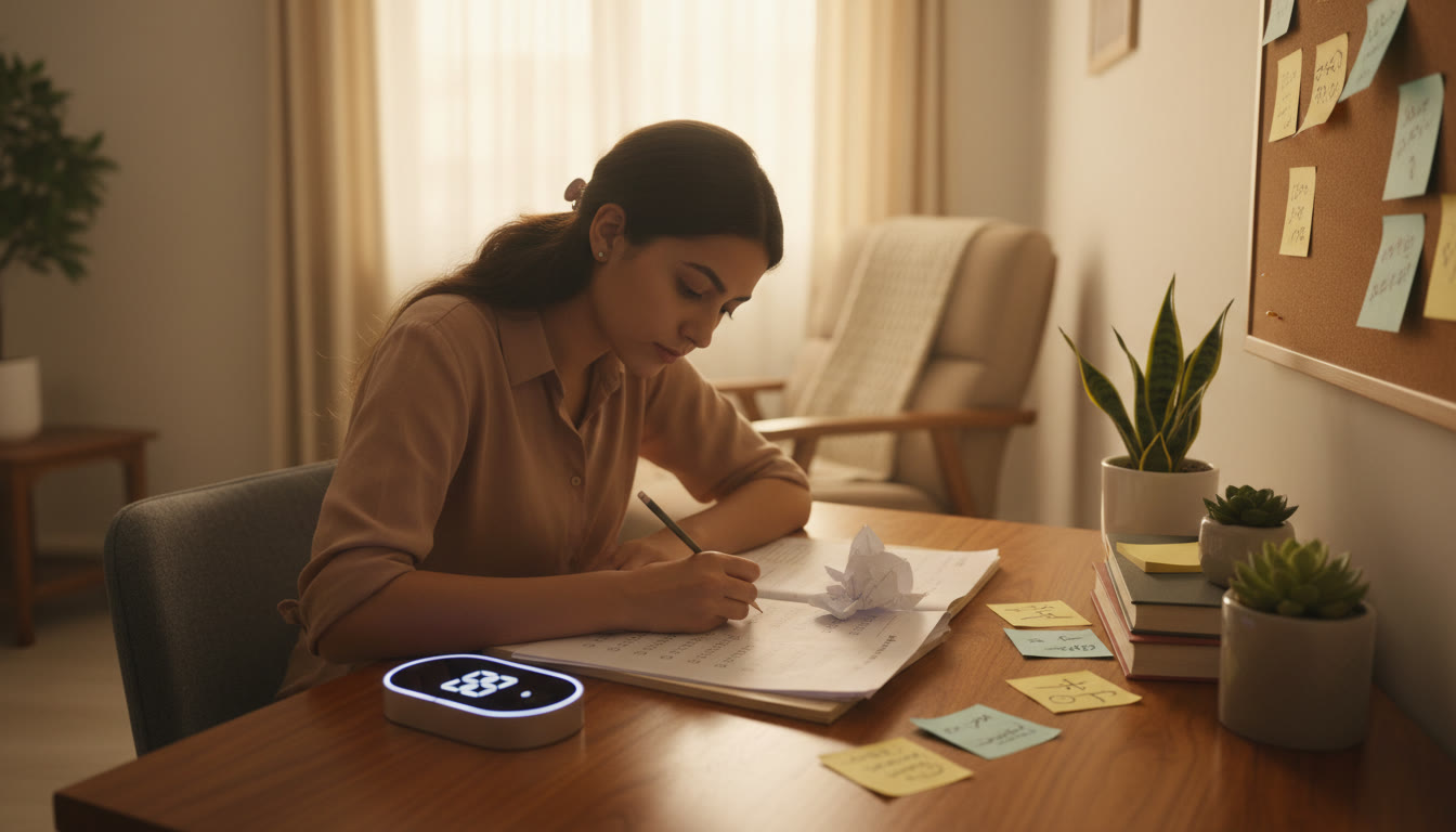 Photo Idea : A focused student at a desk practicing multiple-choice questions from a paper mock test, with a timer and neat sticky notes visible