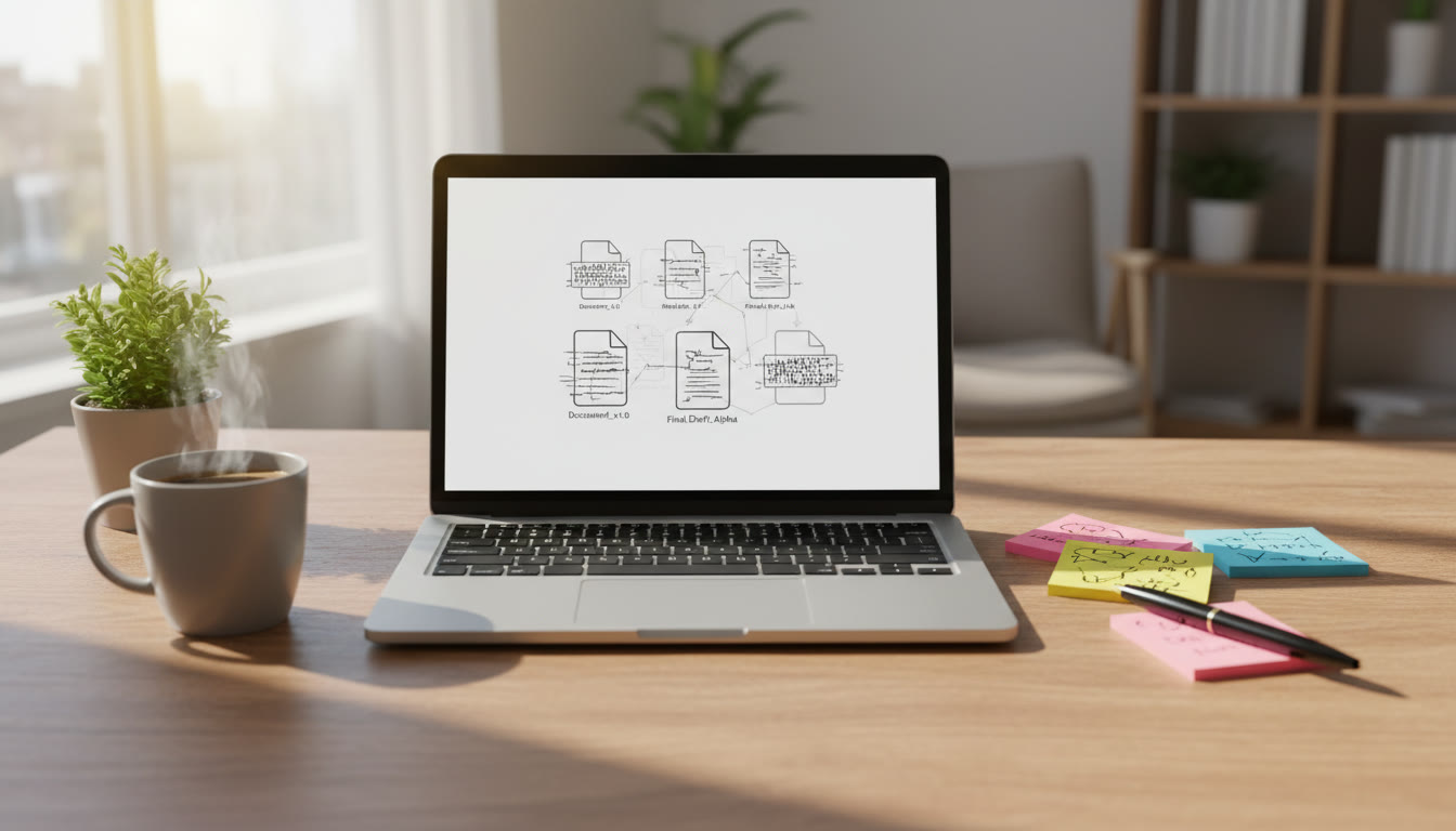 Photo Idea : Open laptop with versioned document filenames, sticky notes and a pen on a desk