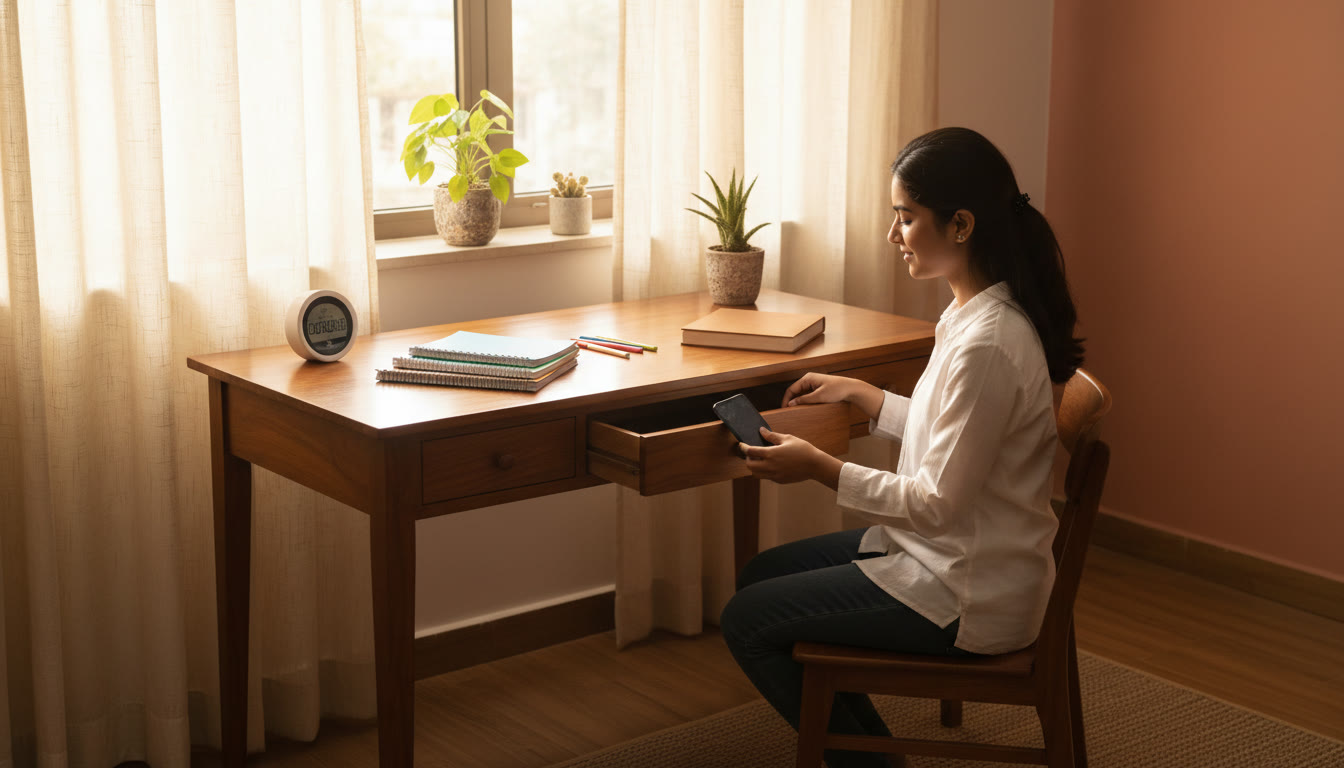 Photo Idea : A calm study desk by a window with a timer, neat notebooks, and a student placing a phone into a drawer