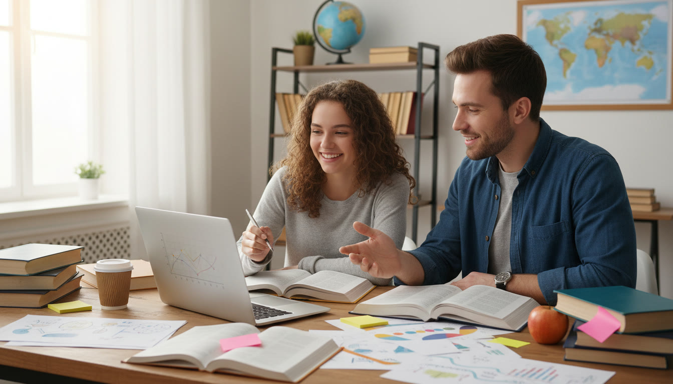 Photo Idea : A student working one-on-one with a tutor over a laptop, surrounded by textbooks and scholarship notes