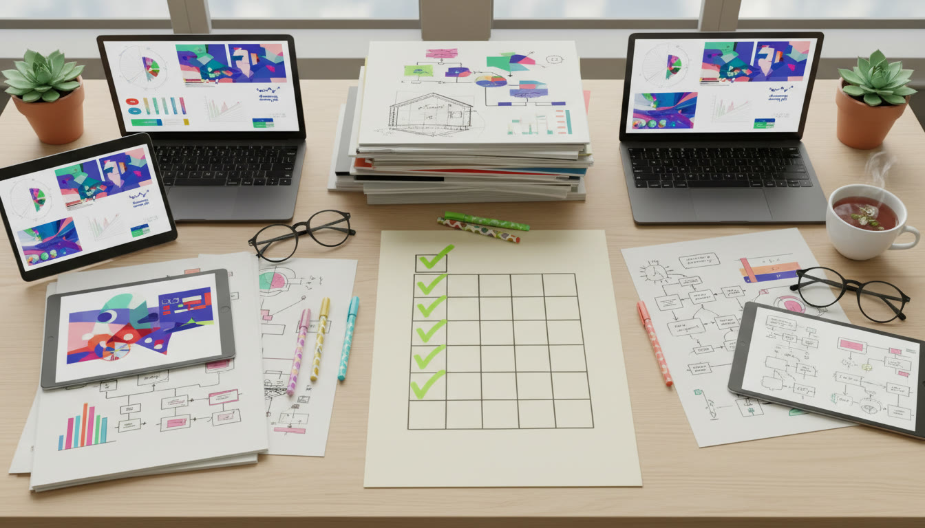 Photo Idea : Flat lay of neatly named PDF files, printed portfolio pages and a checklist with green ticks.