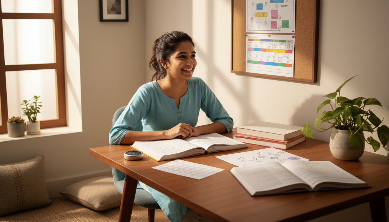Photo Idea : A student at a desk with a clearly labeled timetable, open notebooks, a stopwatch, and an OMR sheet nearby