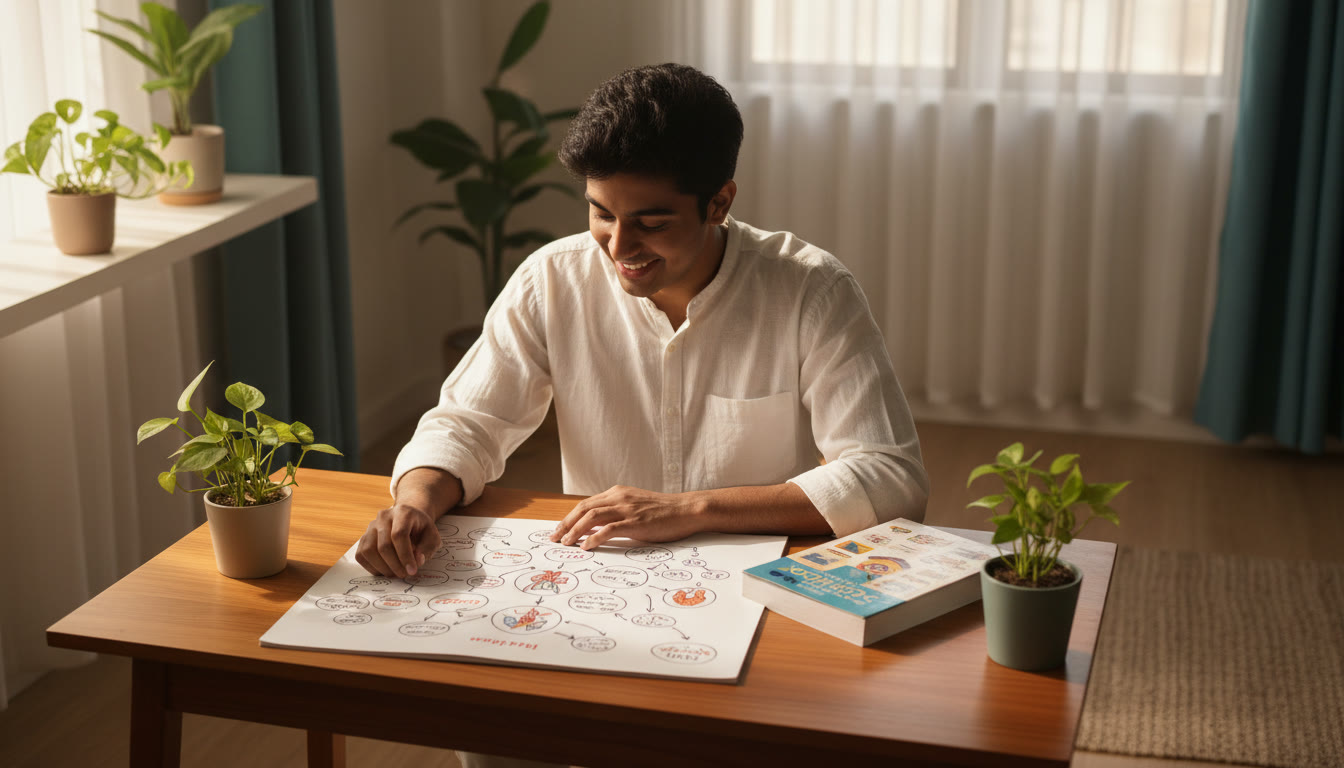 Photo Idea : A student at a desk with a notebook open to a concept map of human anatomy and a science textbook beside them