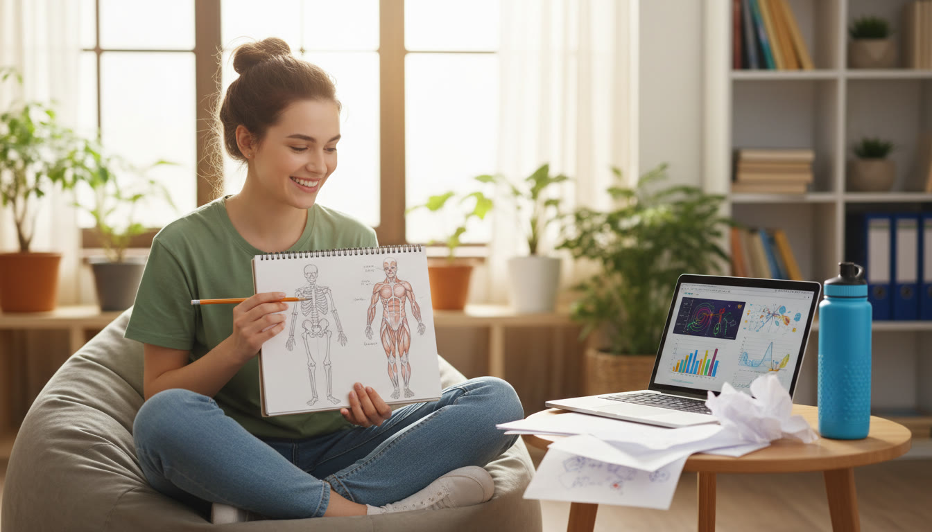 Photo Idea : Student sketching anatomy diagrams beside a laptop with notes and a sports water bottle
