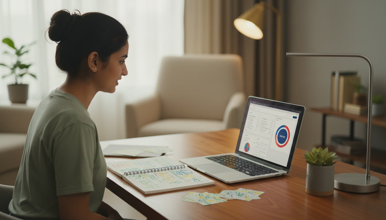 Photo Idea : focused Class 12 student taking a timed mock test on a laptop with color-coded notes and a visible timer
