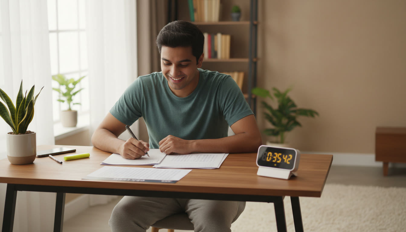 Photo Idea : A focused student solving multiple-choice practice sheets at a desk with a visible OMR sheet and a running timer.