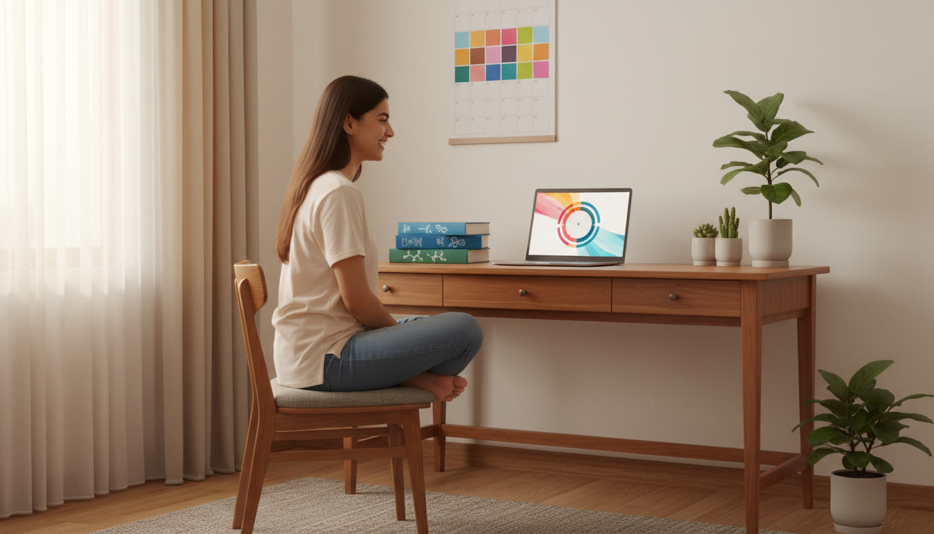 Photo Idea : Student at a tidy study desk with NEET books, a laptop showing a study timer, and a color-coded calendar on the wall