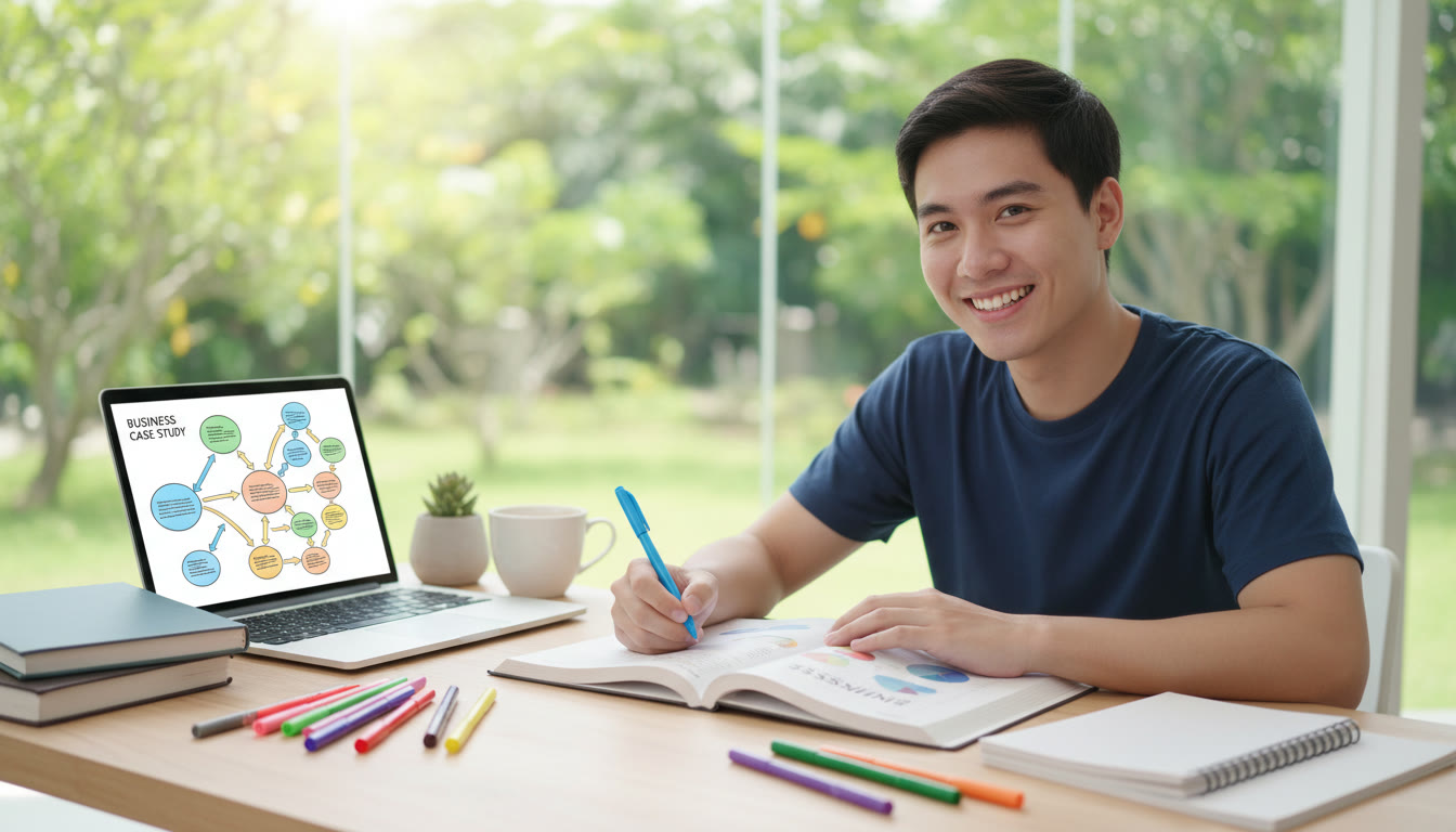 Photo Idea : Student at a tidy desk annotating a business case study with colored pens and a laptop showing a mind map