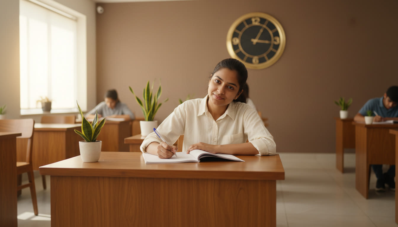 Photo Idea : A focused student writing neatly in an exam hall with a clock visible in the background.