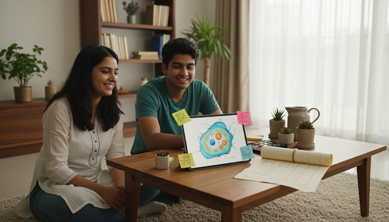 Photo Idea : Tutor and student reviewing a biology diagram on a tablet with sticky notes and a personalized study plan