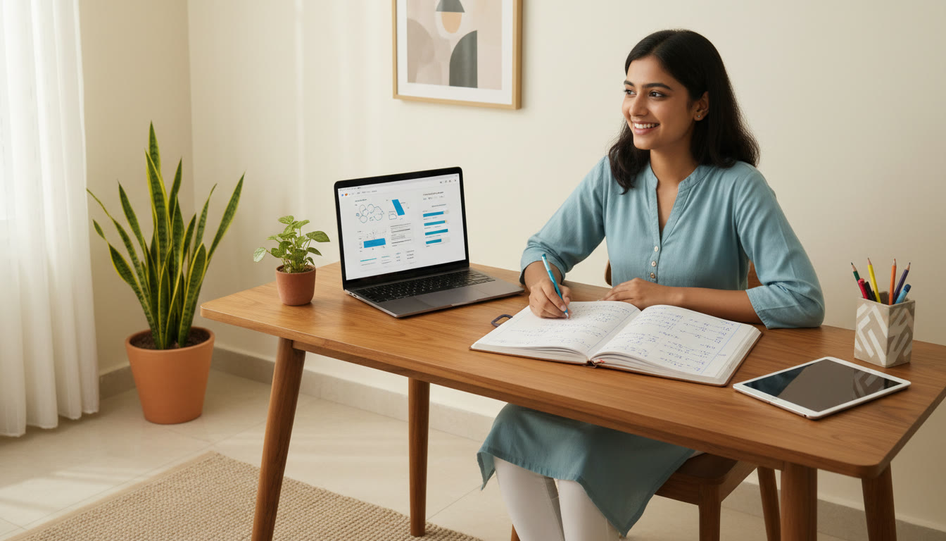 Photo Idea : Student at a desk with a laptop showing a timed mock test and a notebook with neat handwritten steps
