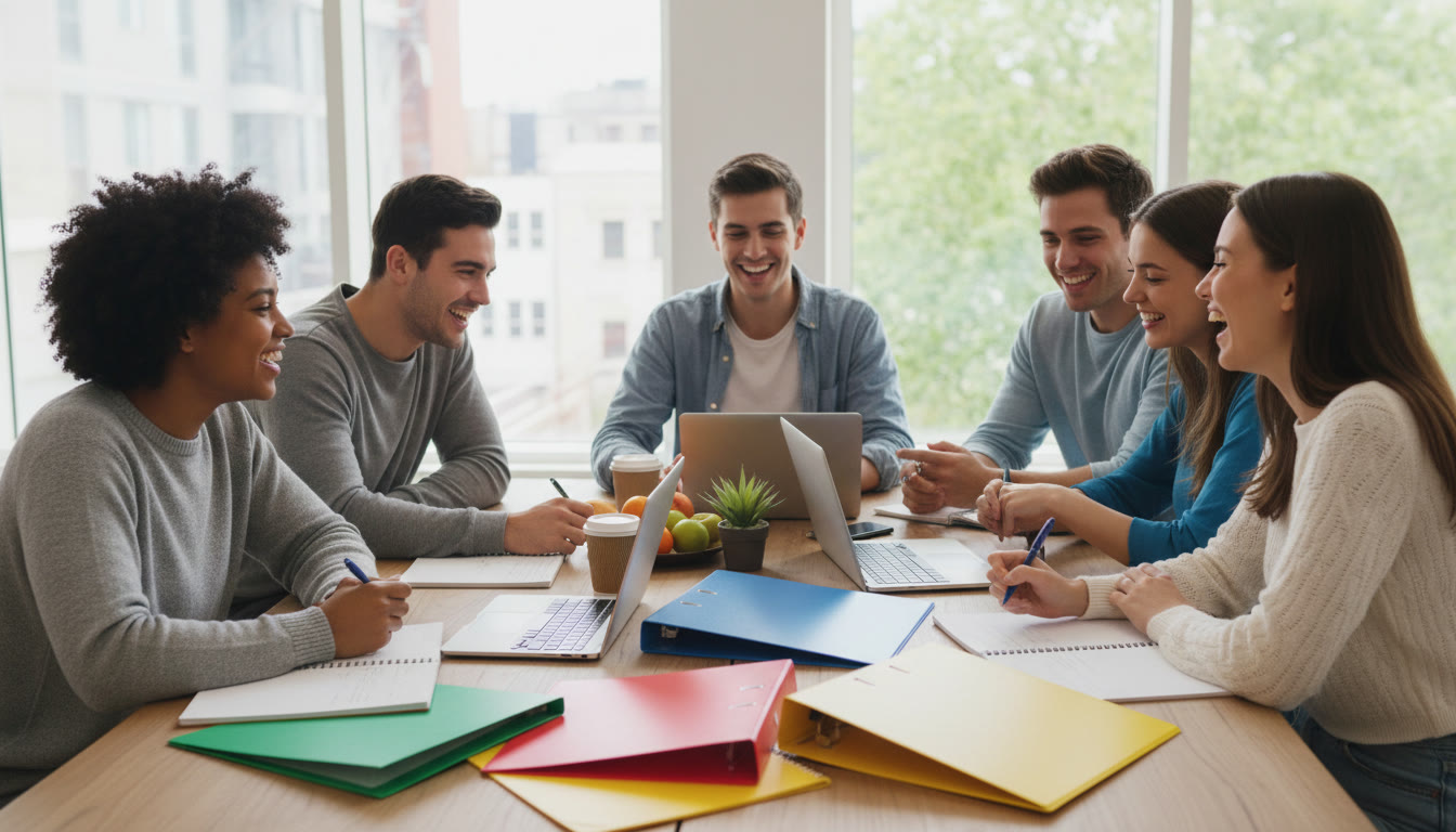 Photo Idea : a diverse group of IB students around a table with laptops, notebooks, and colorful subject folders