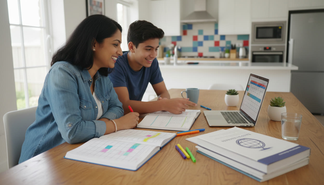 Photo Idea : parent and teenage student at a kitchen table with notebooks and a laptop, planning a study schedule