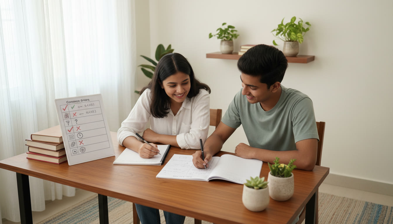 Photo Idea : A tutor and student working together on a mock test with a visible checklist of common mistakes