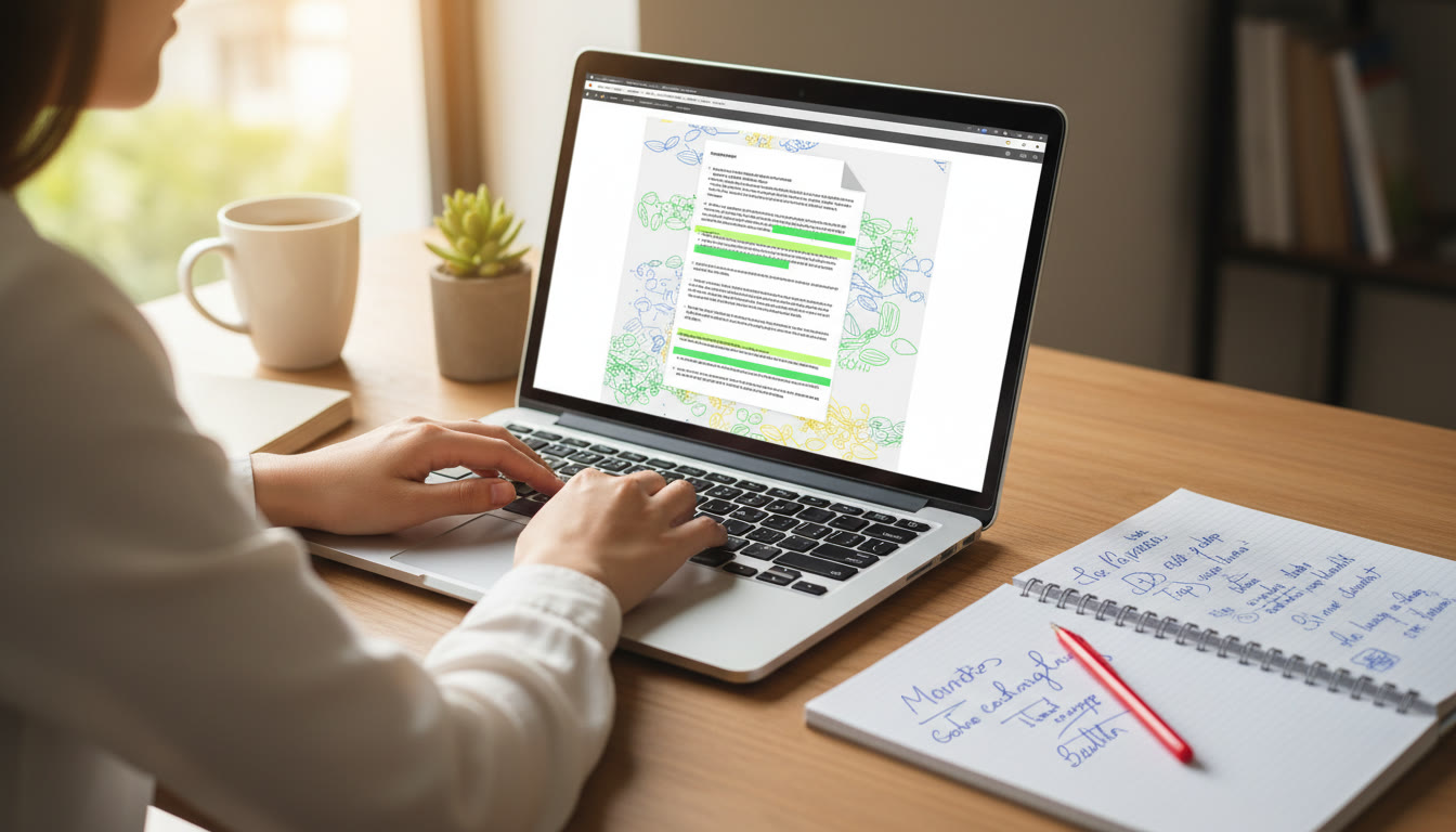 Photo Idea : close-up of a laptop screen showing a highlighted similarity report with teacher’s handwritten notes nearby