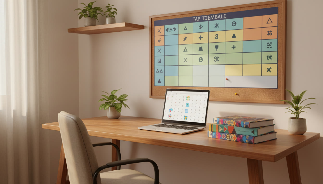 Photo Idea : Student at a clean desk with NEET books, a color-coded wall timetable, and a laptop showing practice questions