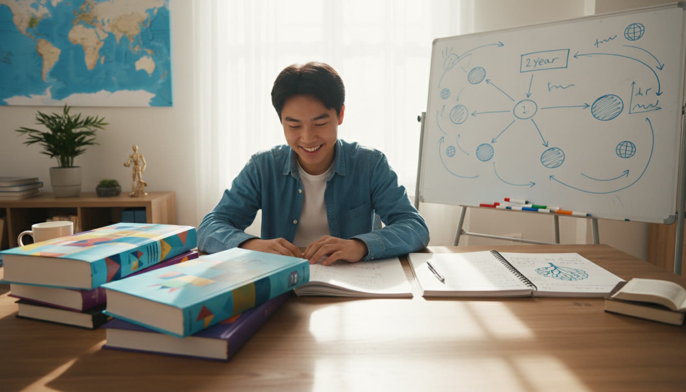 Photo Idea : Student at desk with open IB textbooks, a two-year roadmap sketched on a whiteboard nearby