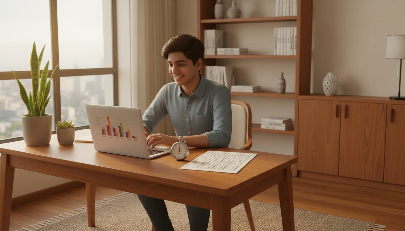 Photo Idea : Student at a study table with a laptop showing mock scores, a stopwatch, and an OMR-style answer sheet beside a notebook