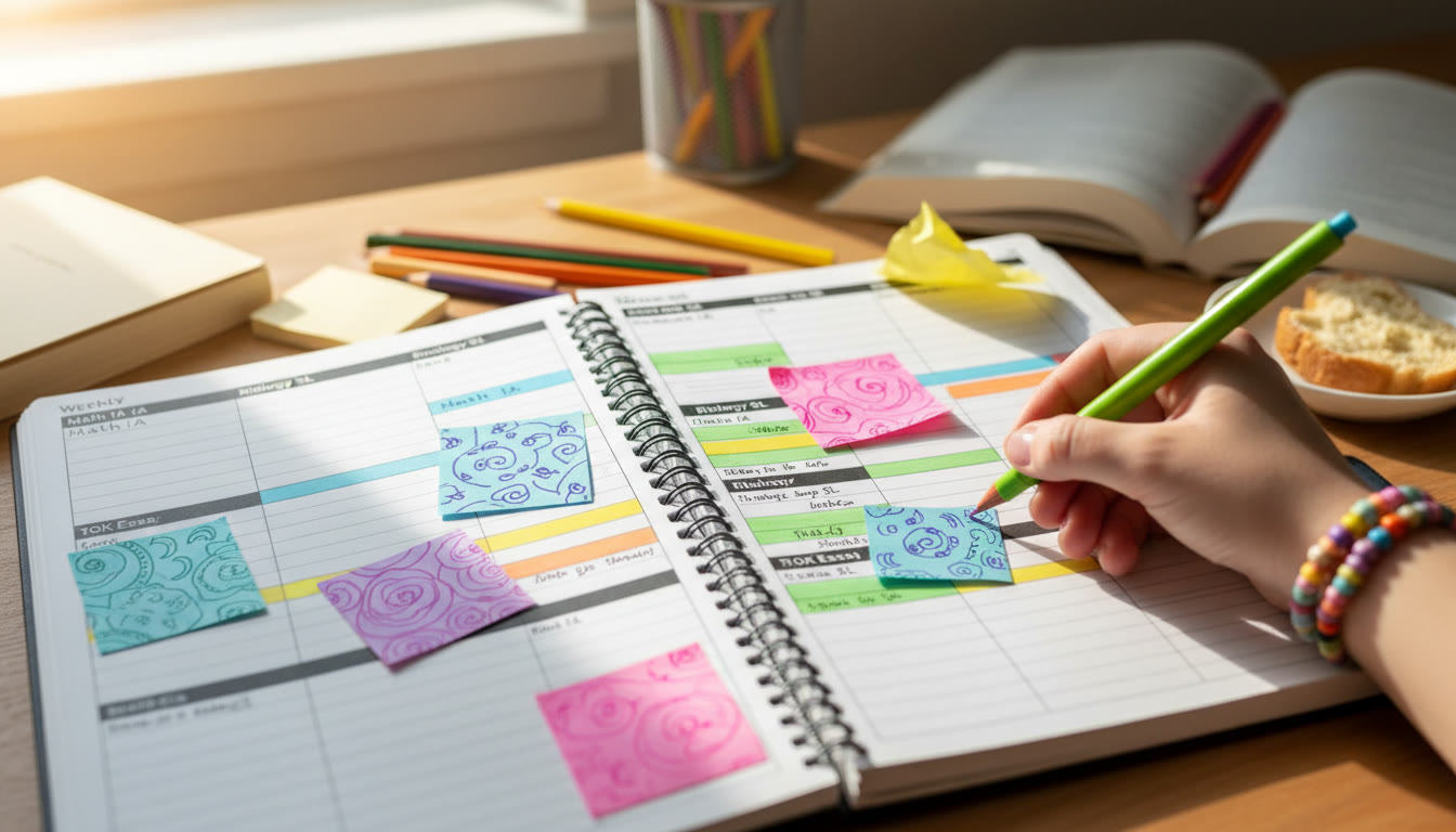 Photo Idea : Close-up of a weekly planner page with coloured study blocks and sticky notes