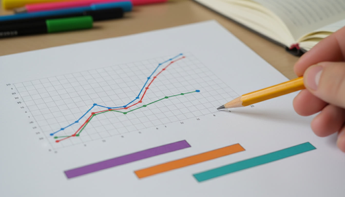 Photo Idea : Close-up of a colorful line graph and box plots on a printed page with a pencil pointing at an outlier