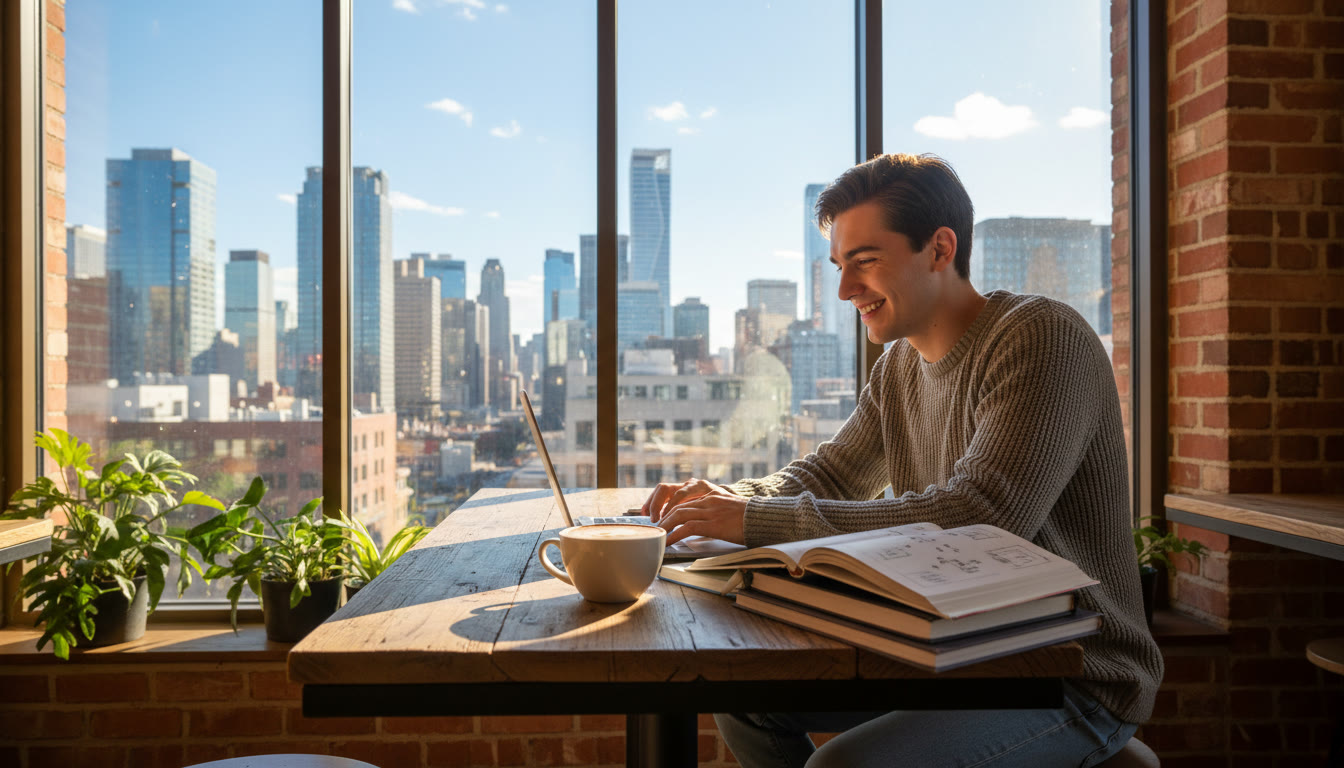 Photo Idea : A focused student studying with a laptop and textbooks at a café with a city skyline in the background