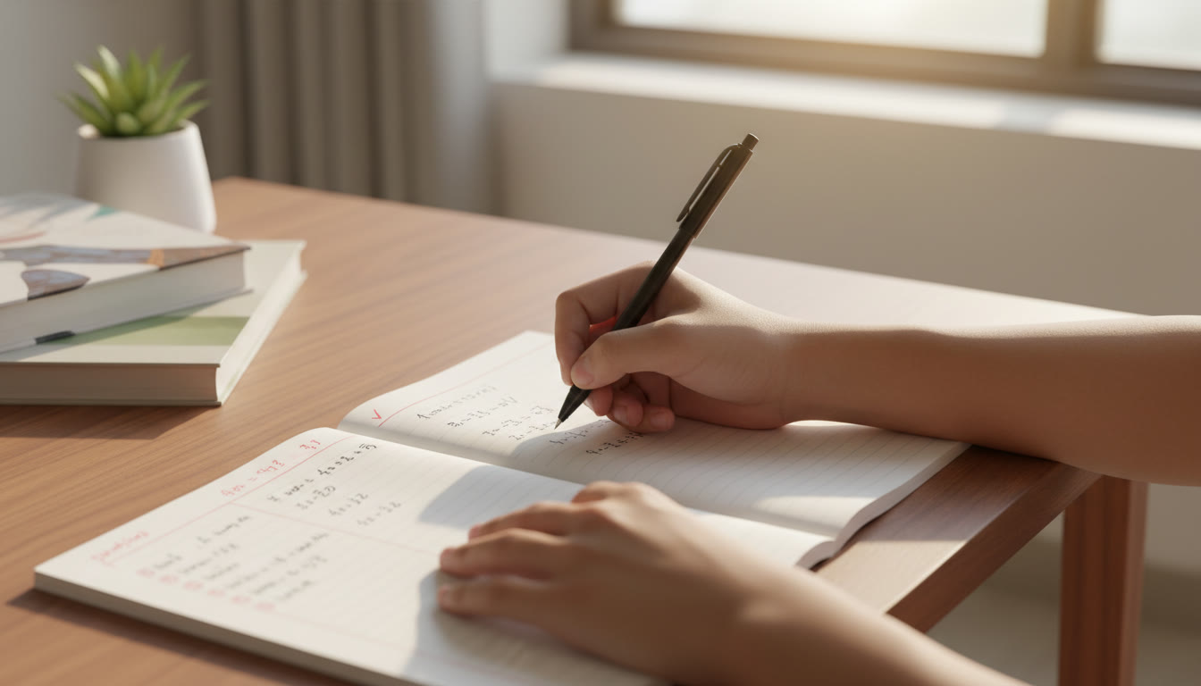 Photo Idea : a close up of hands writing a solved math problem with a neat margin of corrections