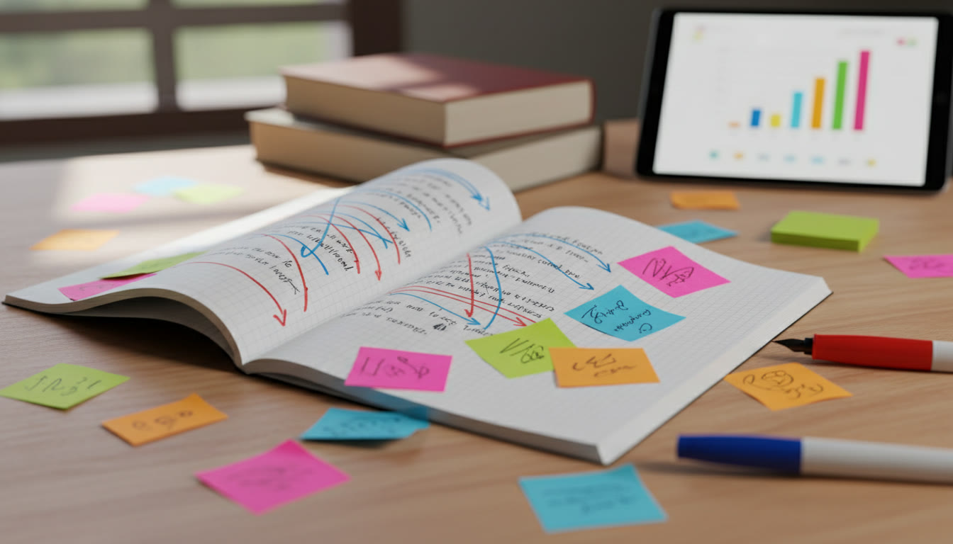 Photo Idea : Close-up of a student’s desk with color-coded feedback sticky notes and a draft marked up in red and blue pen