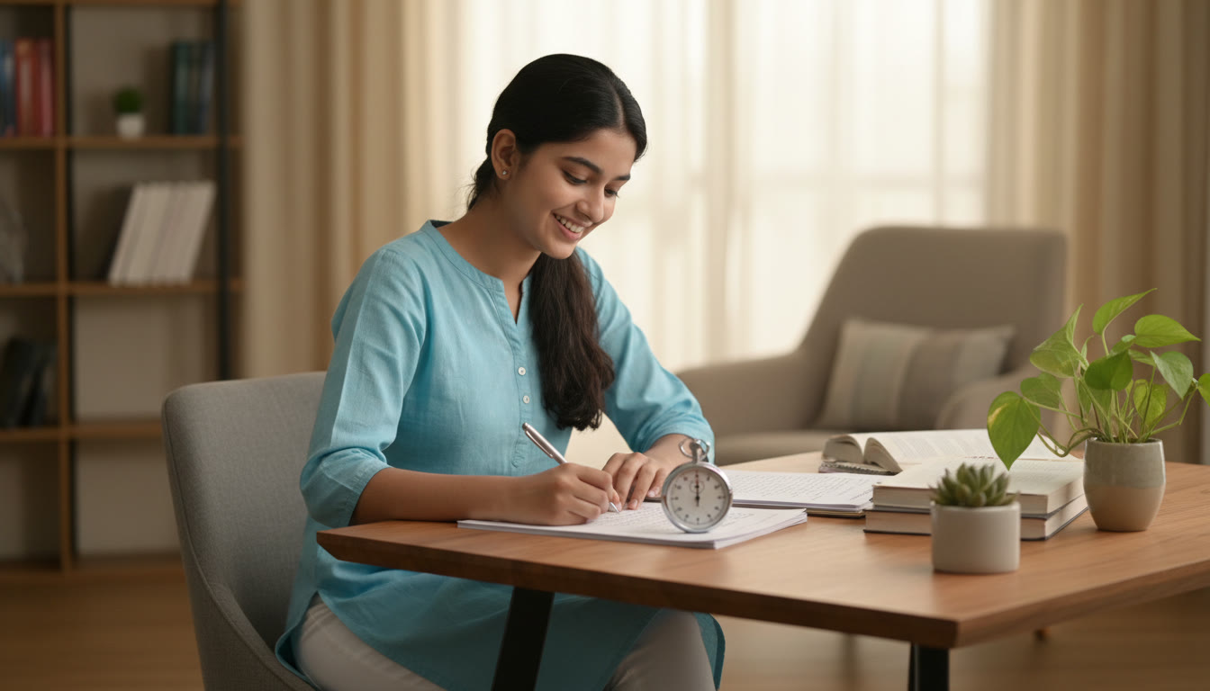 Photo Idea : A student taking a timed mock test at a desk with a stopwatch and answer sheet