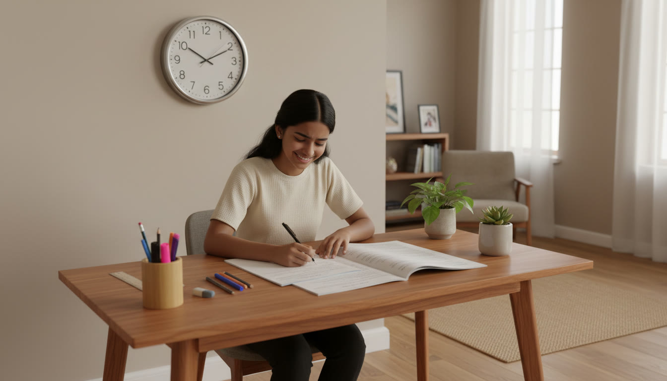 Photo Idea : A student taking a full-length mock test at a desk with a visible wall clock and neatly arranged stationery