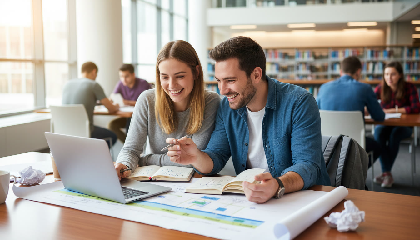Photo Idea : a student and supervisor discussing notes over a laptop, with a printed timeline on the table