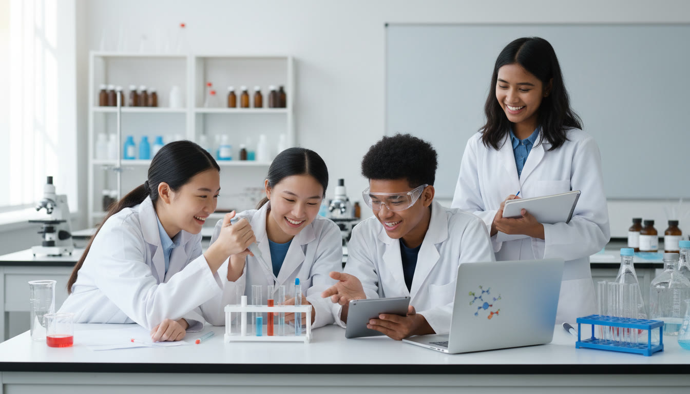 Photo Idea : A small group of diverse students in a laboratory setting, collaborating over pipettes and a laptop