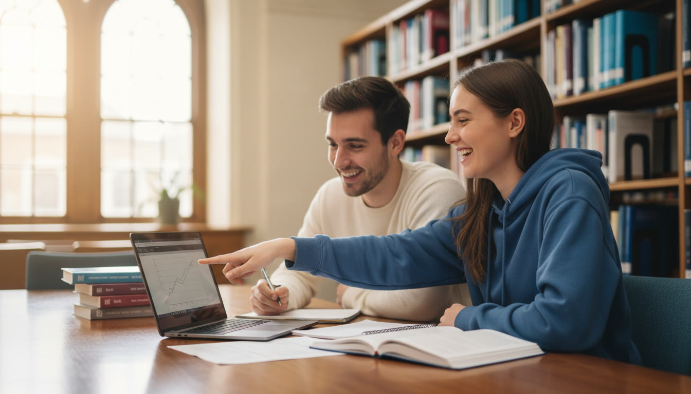 Photo Idea : A student in a library discussing notes with a tutor while pointing at a laptop screen