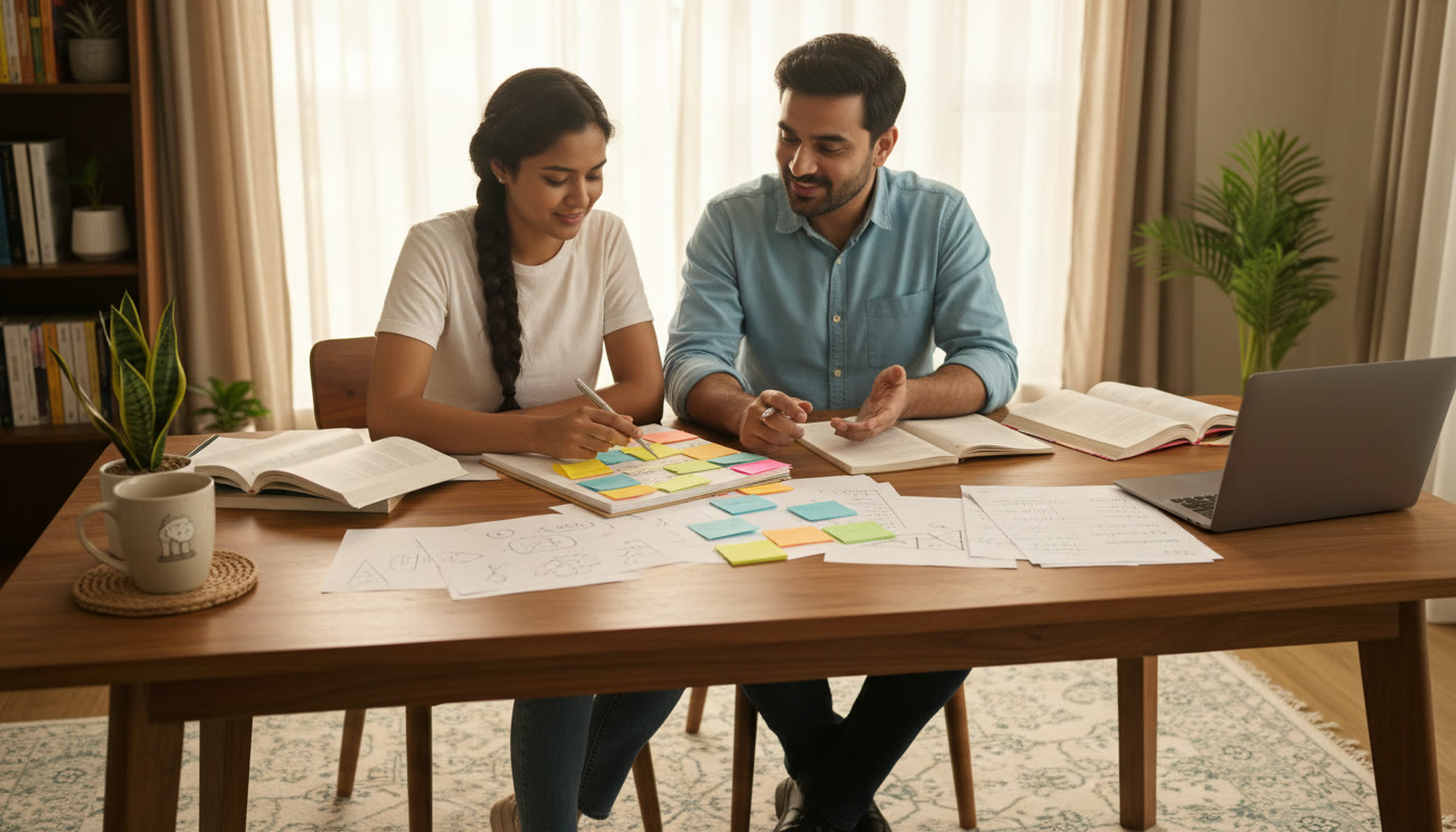 Photo Idea : student and tutor reviewing a mistake log spread across a desk with colored sticky notes