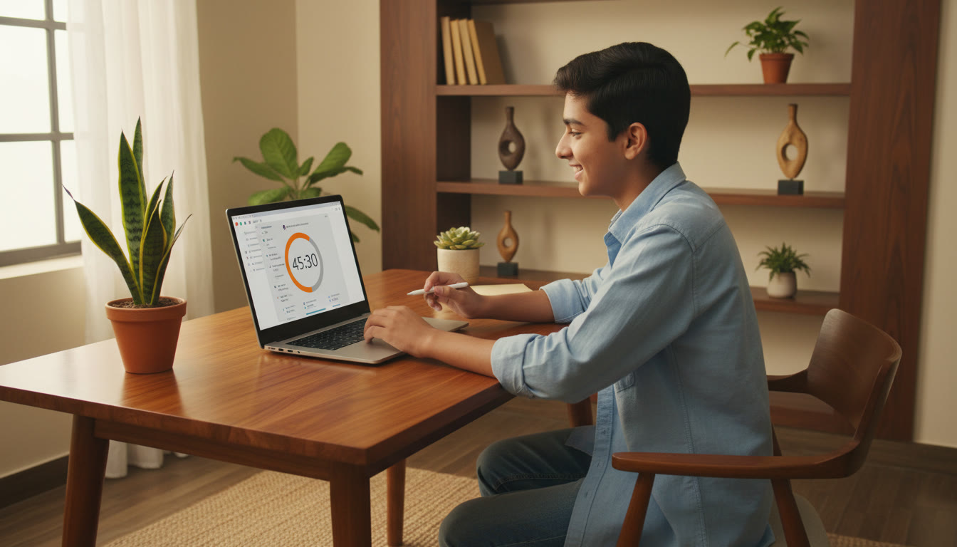 Photo Idea : Student taking a timed computer-based mock test at a desk with a visible countdown timer