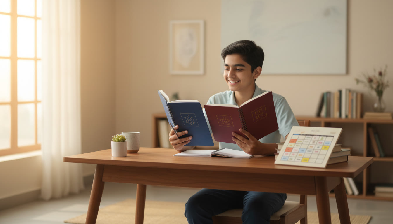 Photo Idea : A student at a study desk comparing two notebooks labeled