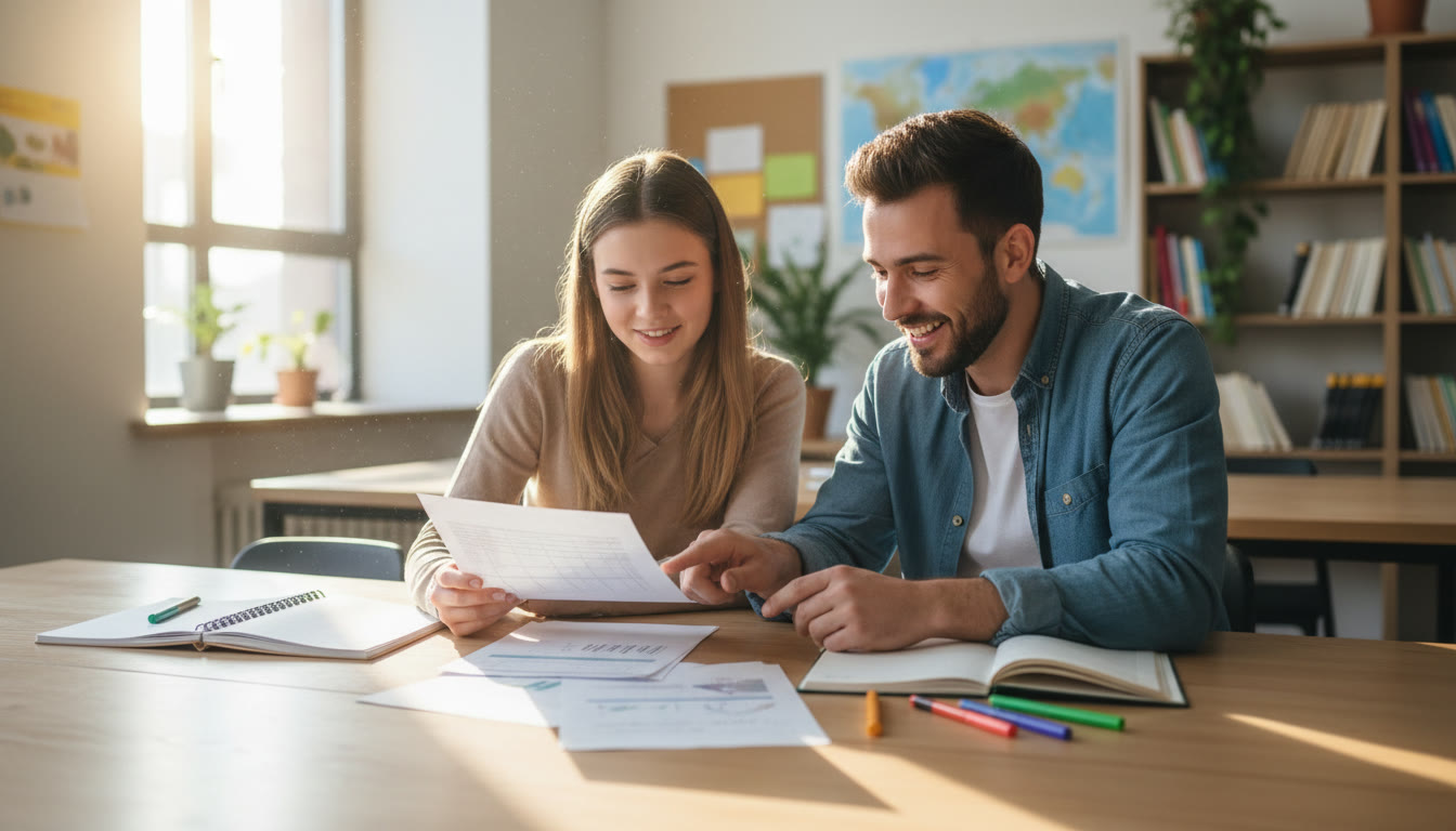 Photo Idea : A student and an IB teacher reviewing predicted grade sheets and mock exam papers in a bright classroom