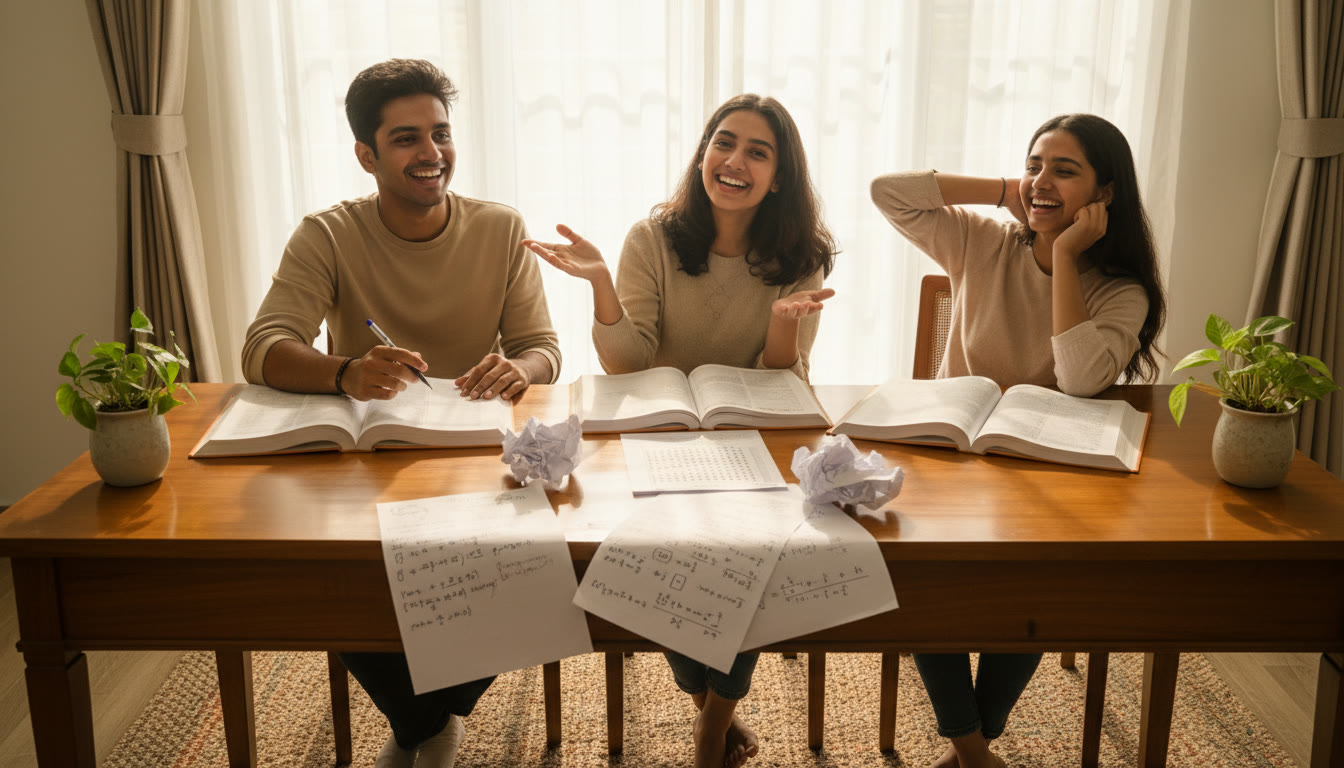 Photo Idea : Students with open textbooks, handwritten formula sheets, and an OMR sheet on a desk