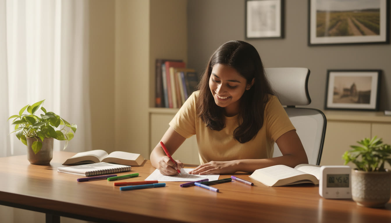 Photo Idea : Student marking answers on a mock test paper at a tidy desk with a timer and coloured pens