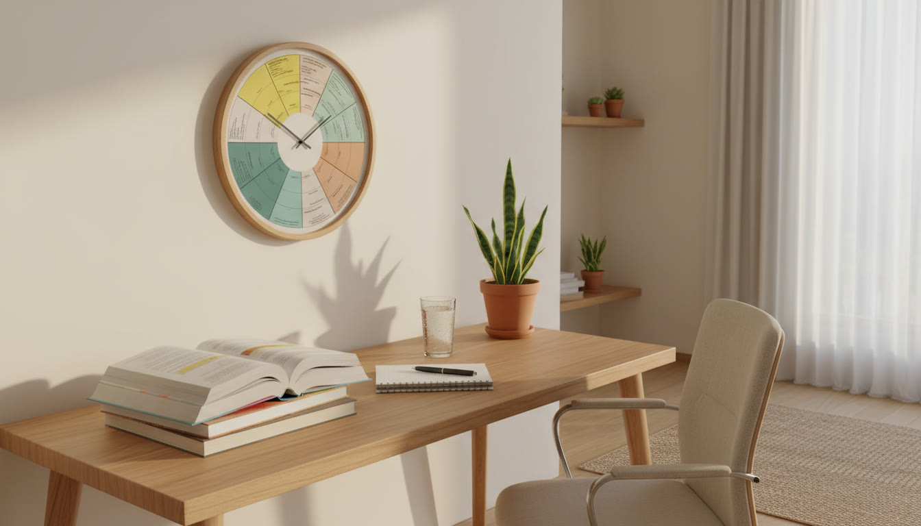 Photo Idea : A calm study corner with textbooks, a notepad, a glass of water, and a wall clock showing a study schedule.