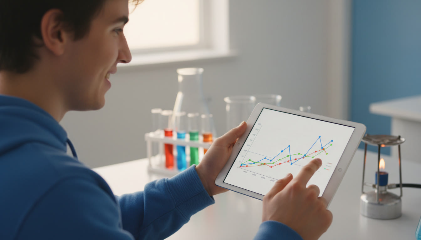 Photo Idea : Close-up of a student analyzing graph results on a tablet with lab equipment blurred in the background