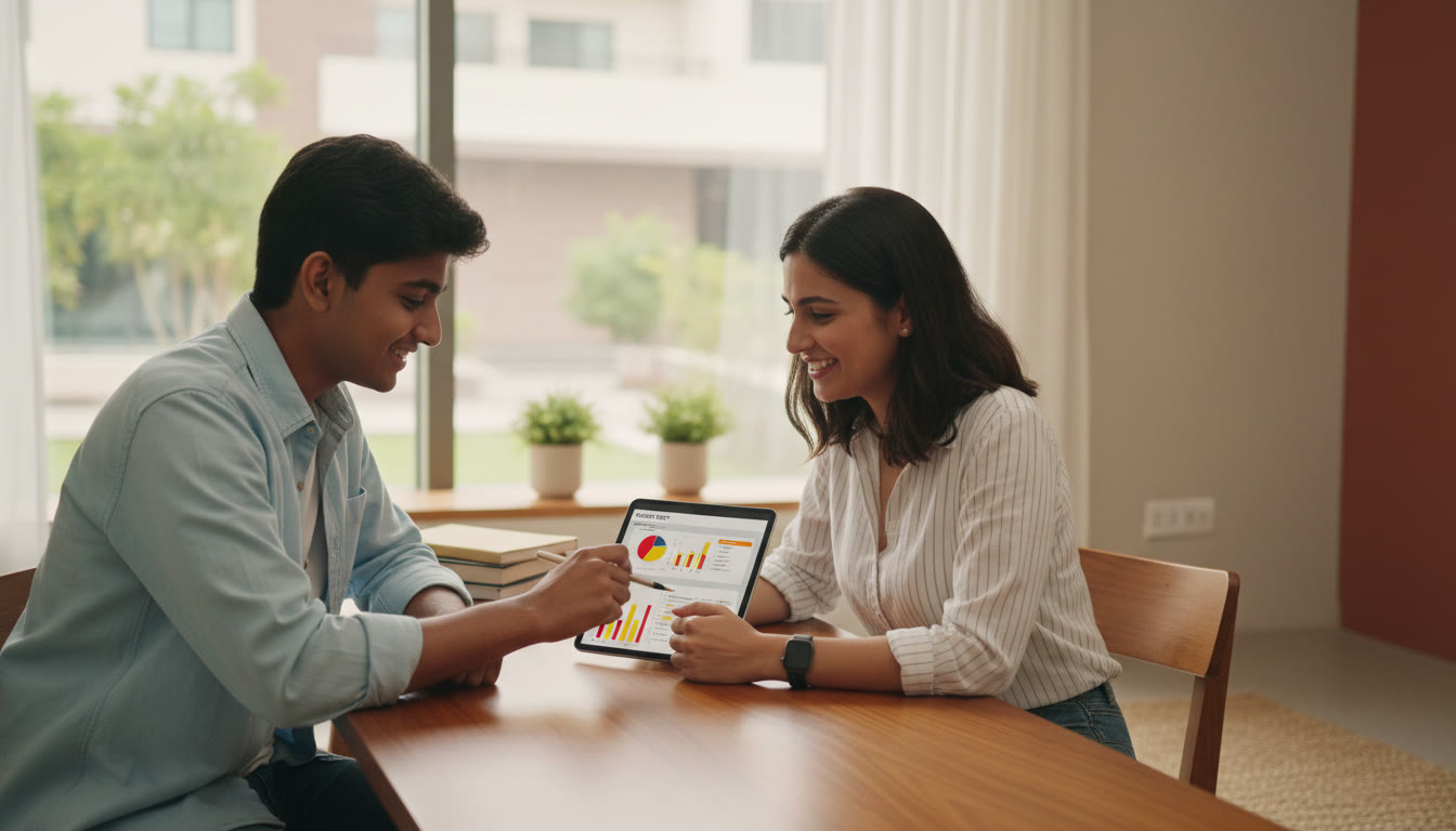 Photo Idea : a student and tutor reviewing a mock test report on a tablet with highlighted errors