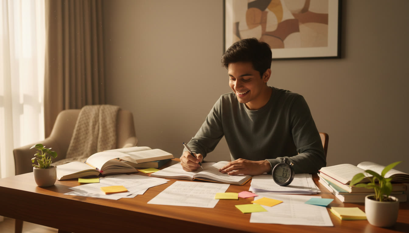 Photo Idea : Student solving MCQs at a desk with a visible stopwatch and scattered notes