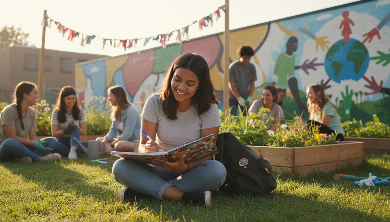 Photo Idea : A student writing a reflection in a notebook after a school-based community project