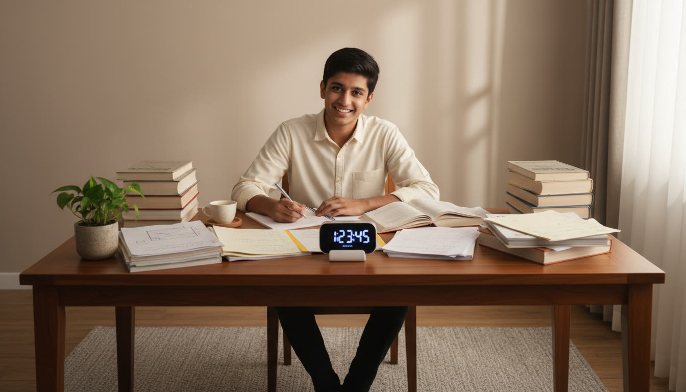 Photo Idea : A student surrounded by physics notes and books, timer visible, writing in a notebook