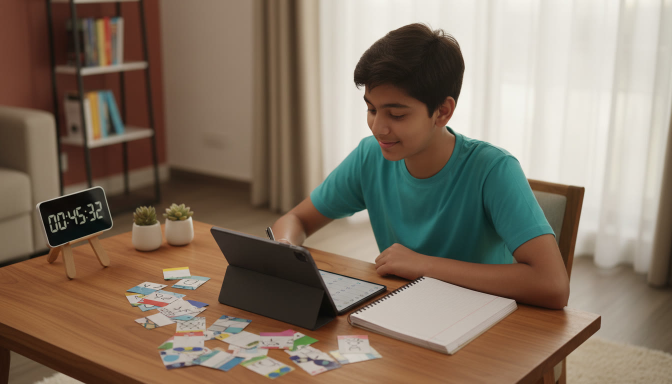 Photo Idea : student at a desk taking a timed mock test with a clock, notebook, and scattered revision cards